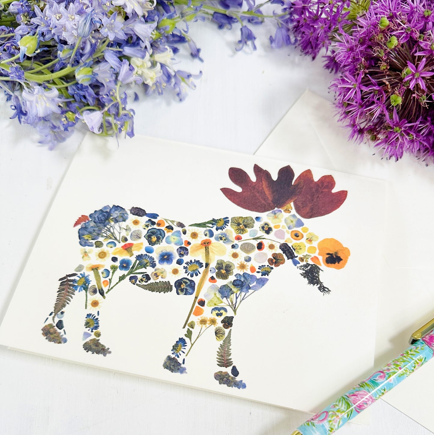 Botanical Moose - Printed pressed flowers blank 5x7 greeting card