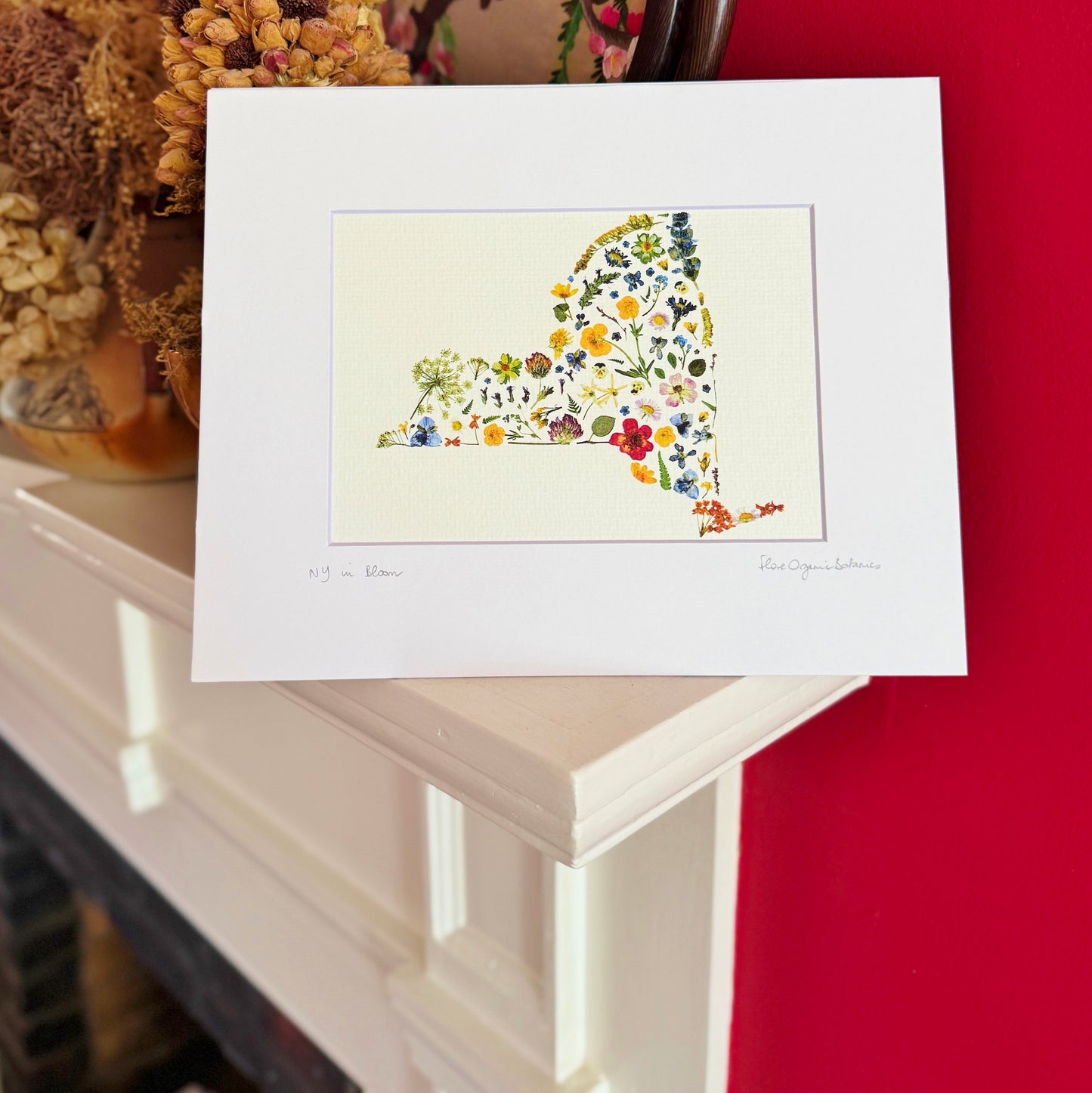 The Empire State signed matted print of New York State in pressed flowers