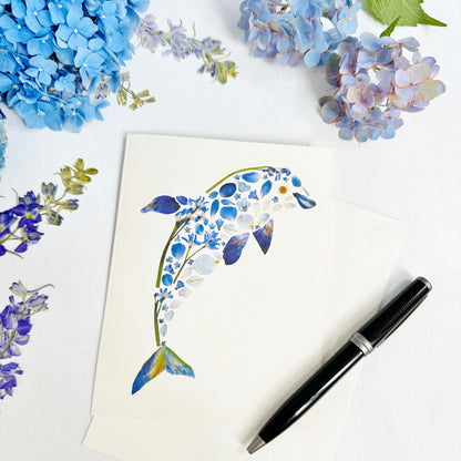 Botanical Dolphin- Printed pressed flowers blank greeting card