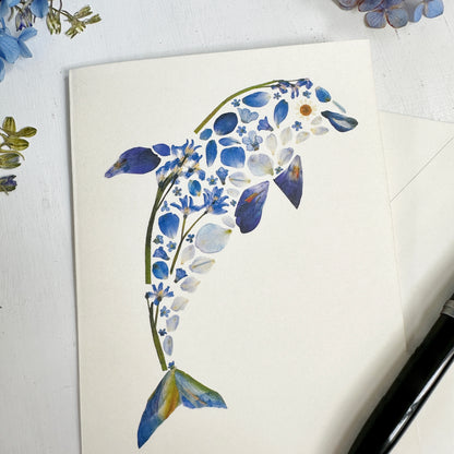 Botanical Dolphin- Printed pressed flowers blank greeting card