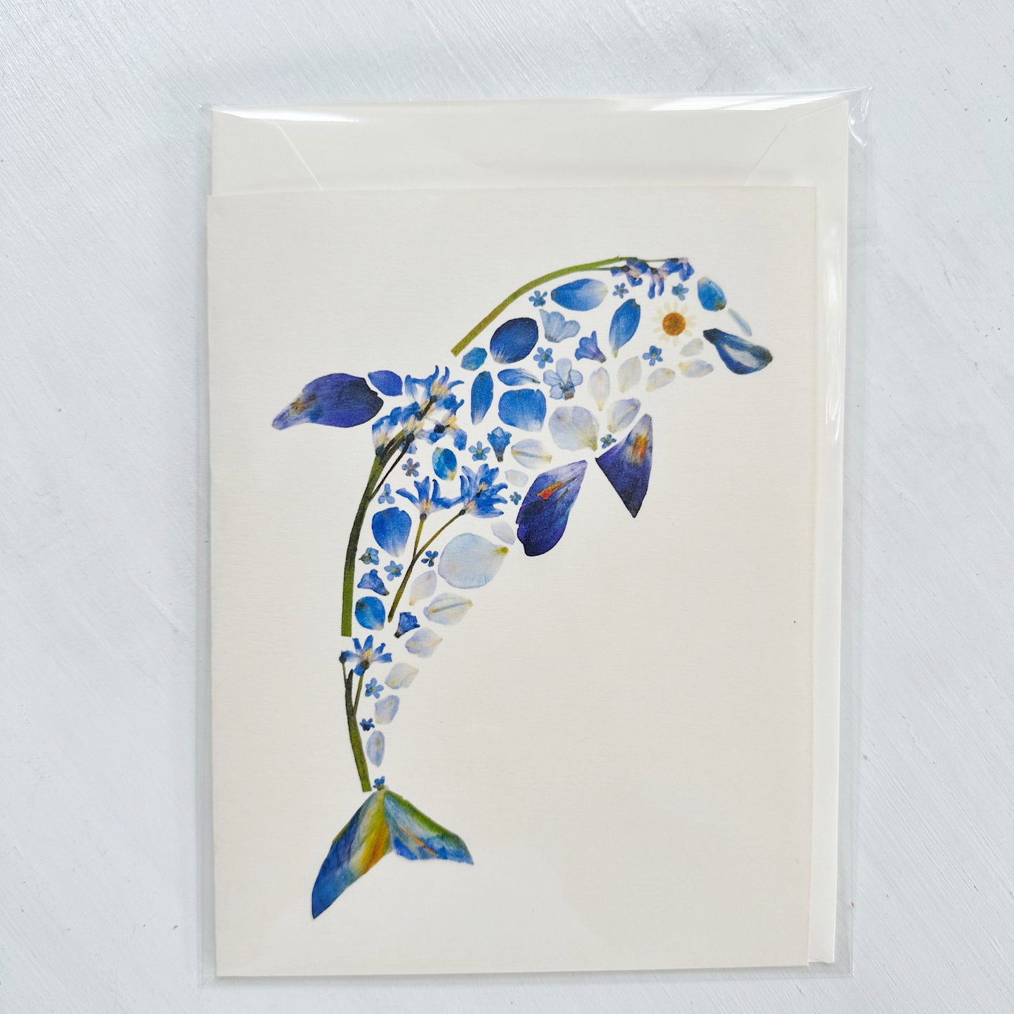 Botanical Dolphin- Printed pressed flowers blank greeting card