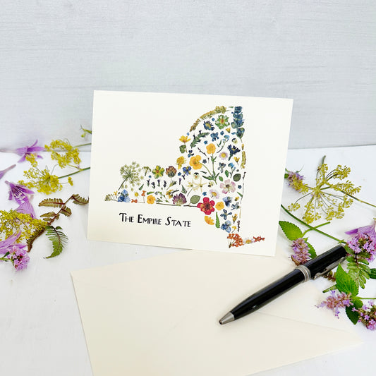 The Empire State greeting card - New York State map in printed pressed wild flowers