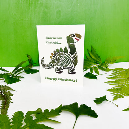 Dinosaur Birthday Card - printed real pressed fern and ginkgo leaves in a dinosaur shape