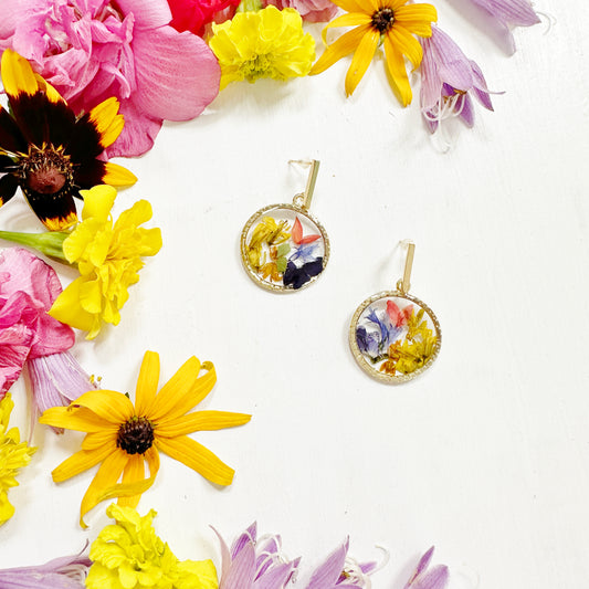 Rainbow Garden earrings with real pressed flowers