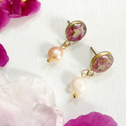 Pink tiny flower earrings with pearl