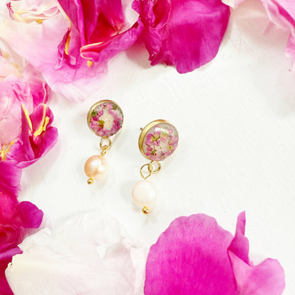 Pink tiny flower earrings with pearl