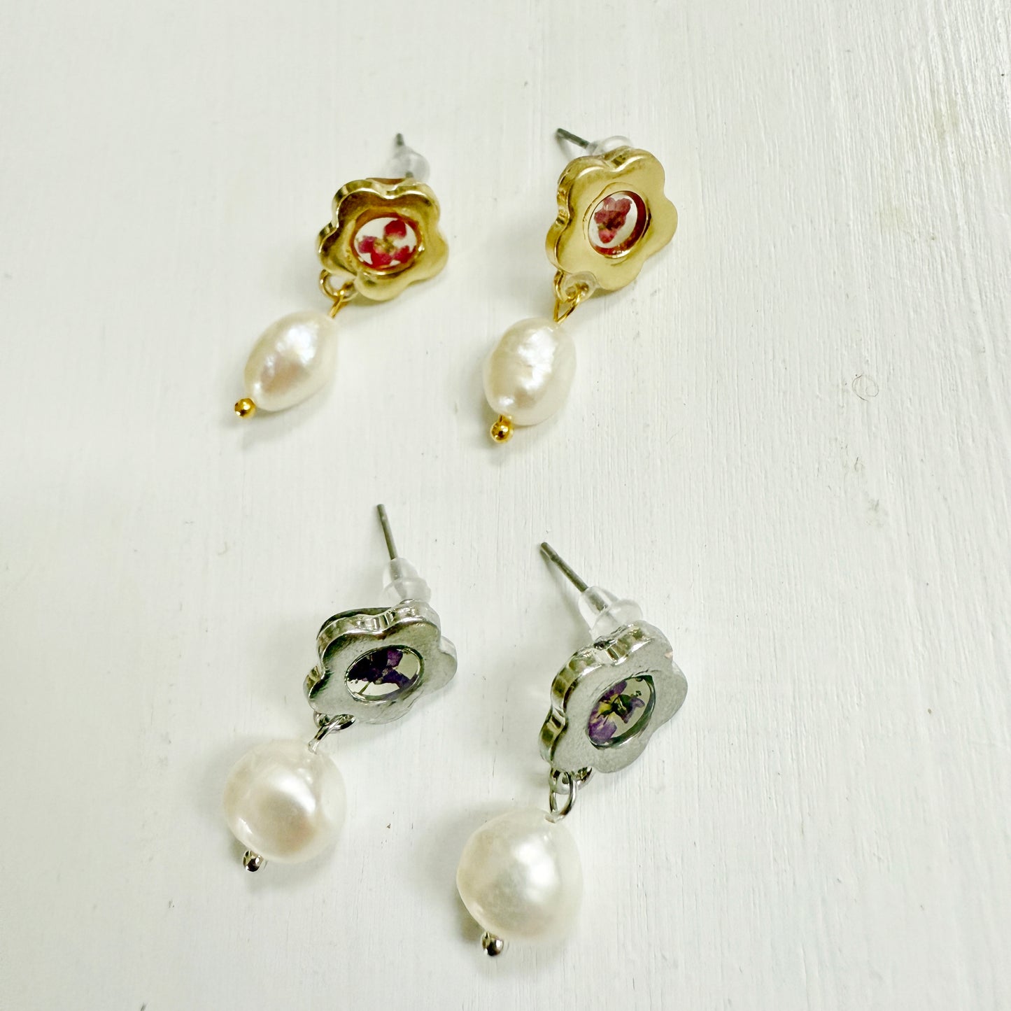 Pink flower earrings with pearl