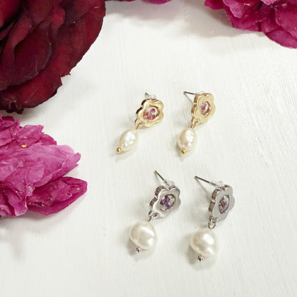 Pink flower earrings with pearl