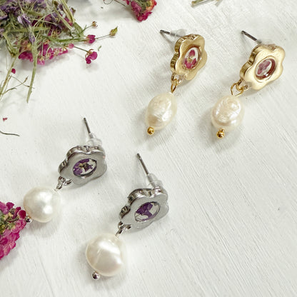 Pink flower earrings with pearl