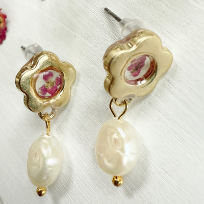 Pink flower earrings with pearl