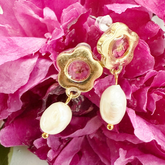 Pink flower earrings with pearl