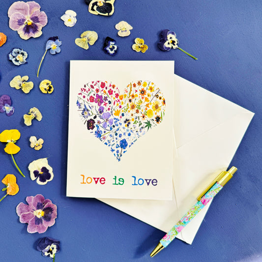 LOVE IS LOVE rainbow heart floral card