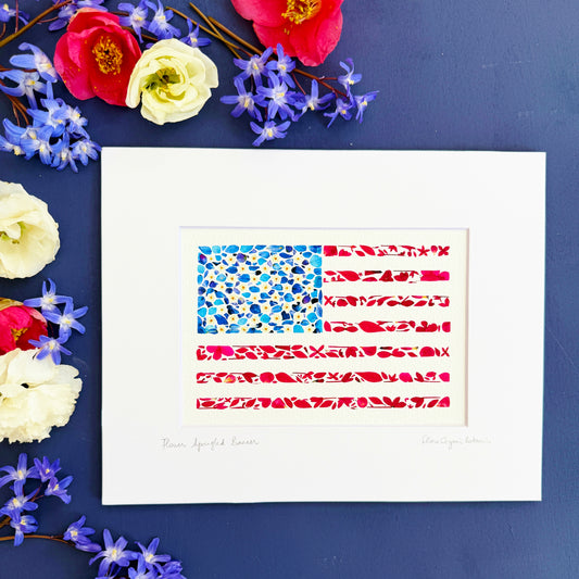 The Flower Spangled Banner signed matted print of USA flag in pressed flowers
