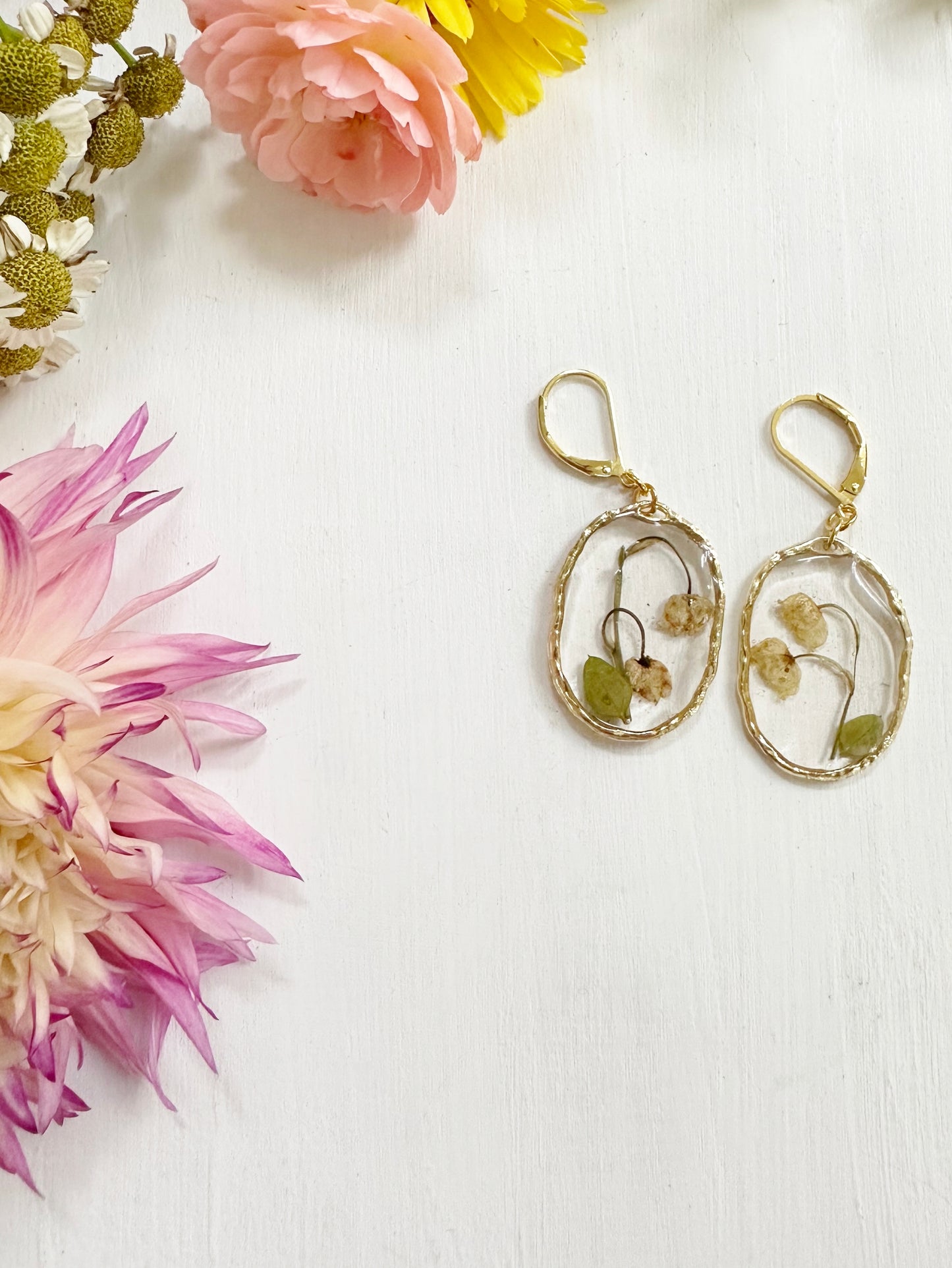 Lily-of-the-Valley Earrings in Golden Frame
