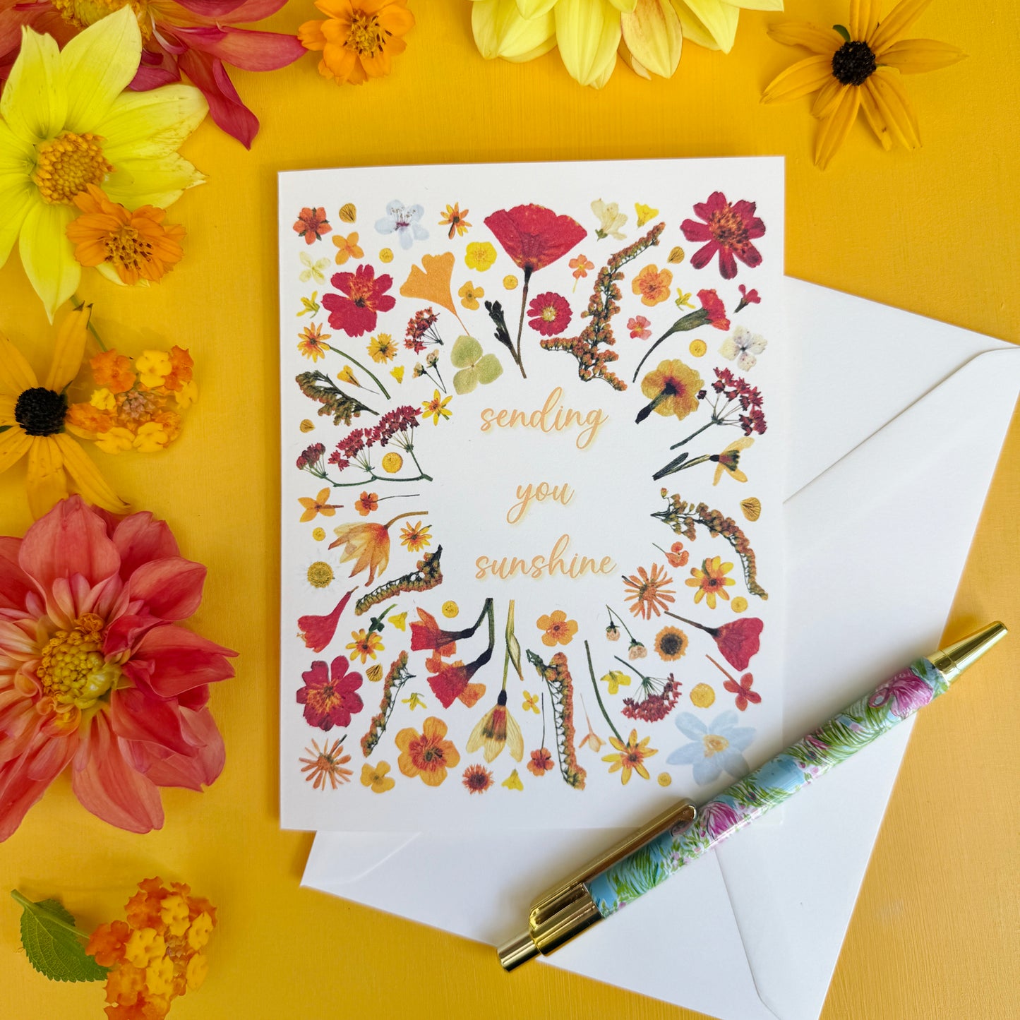 Sending You Sunshine printed pressed flowers card