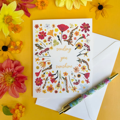 Sending You Sunshine printed pressed flowers card