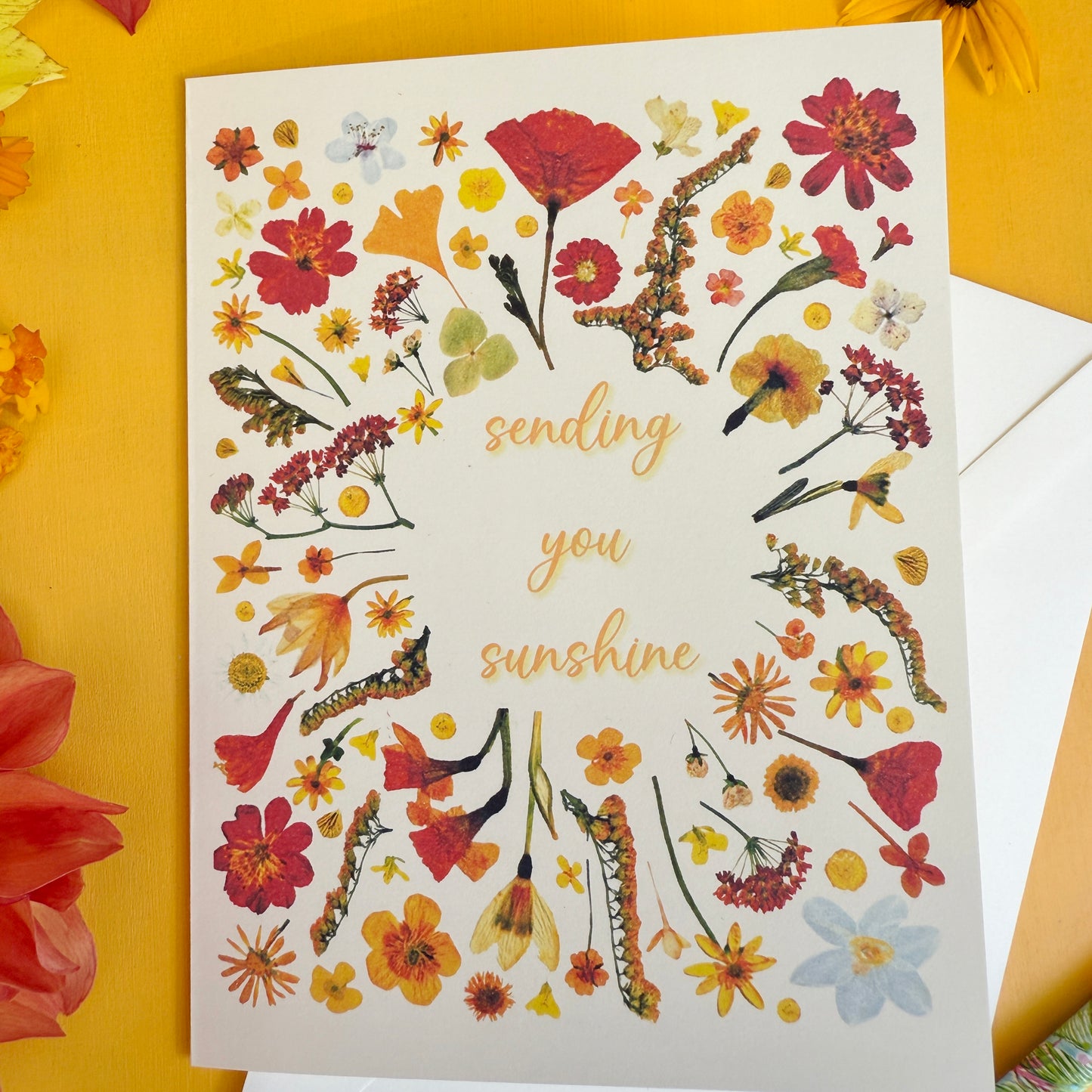 Sending You Sunshine printed pressed flowers card