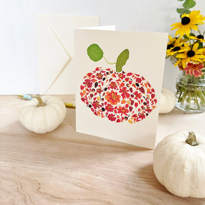Floral Pumpkin - Printed pressed flowers blank greeting card