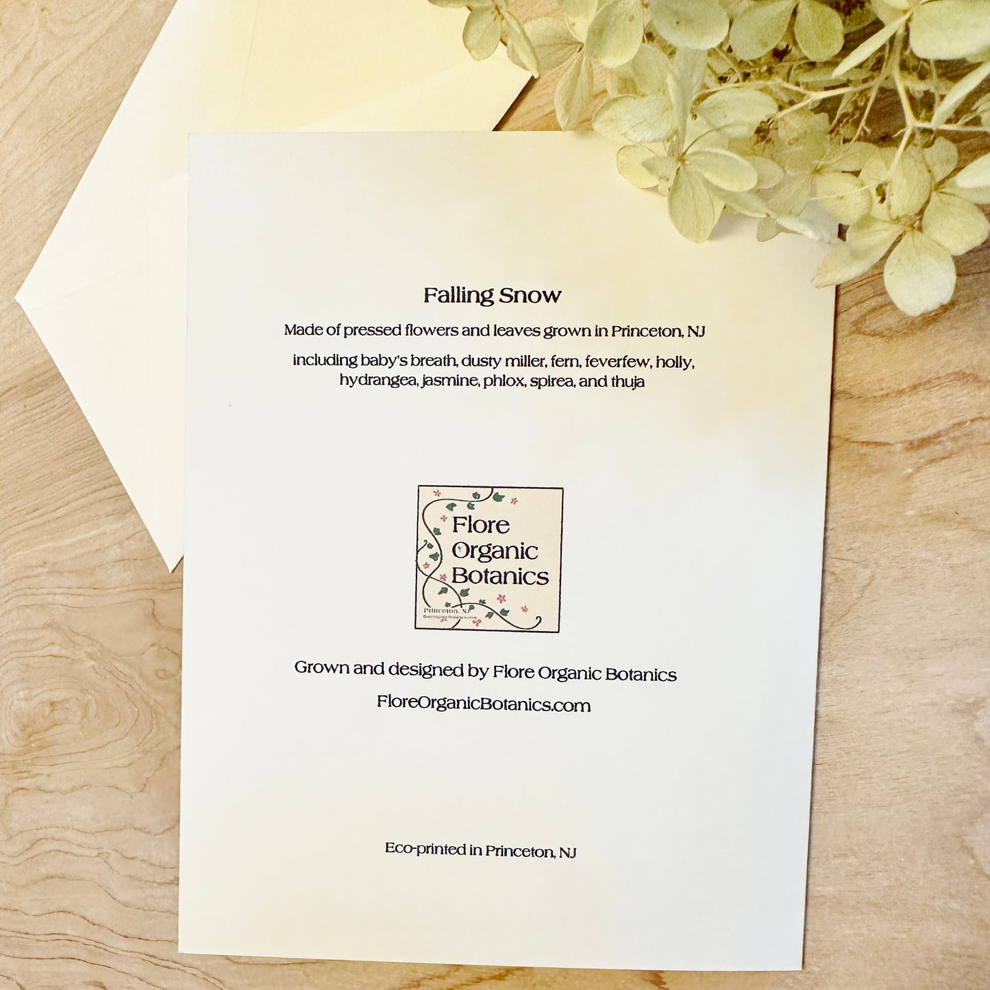 Falling Snow - Printed pressed flowers blank greeting card