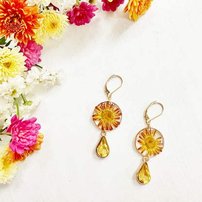 Chrysanthemum Earrings with Yellow Drop