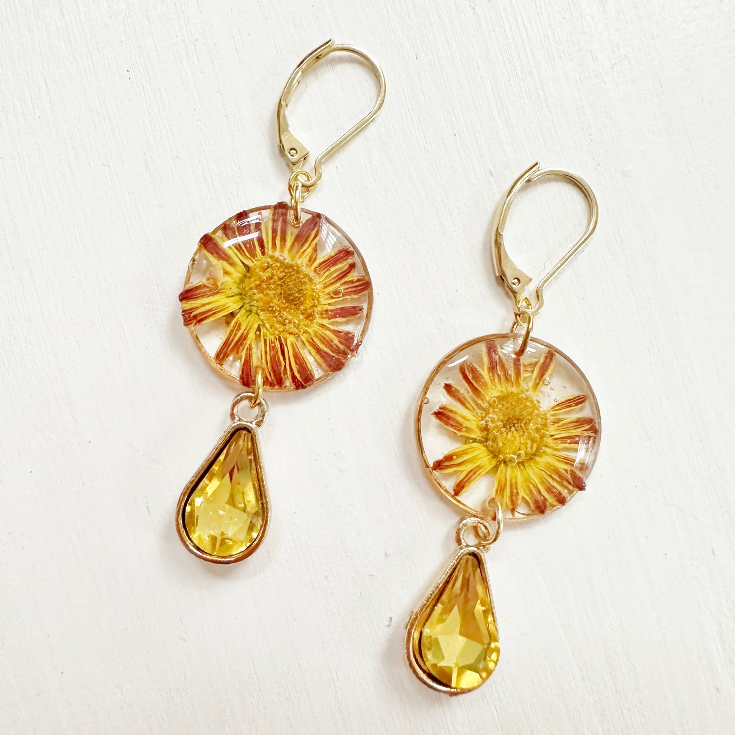 Chrysanthemum Earrings with Yellow Drop