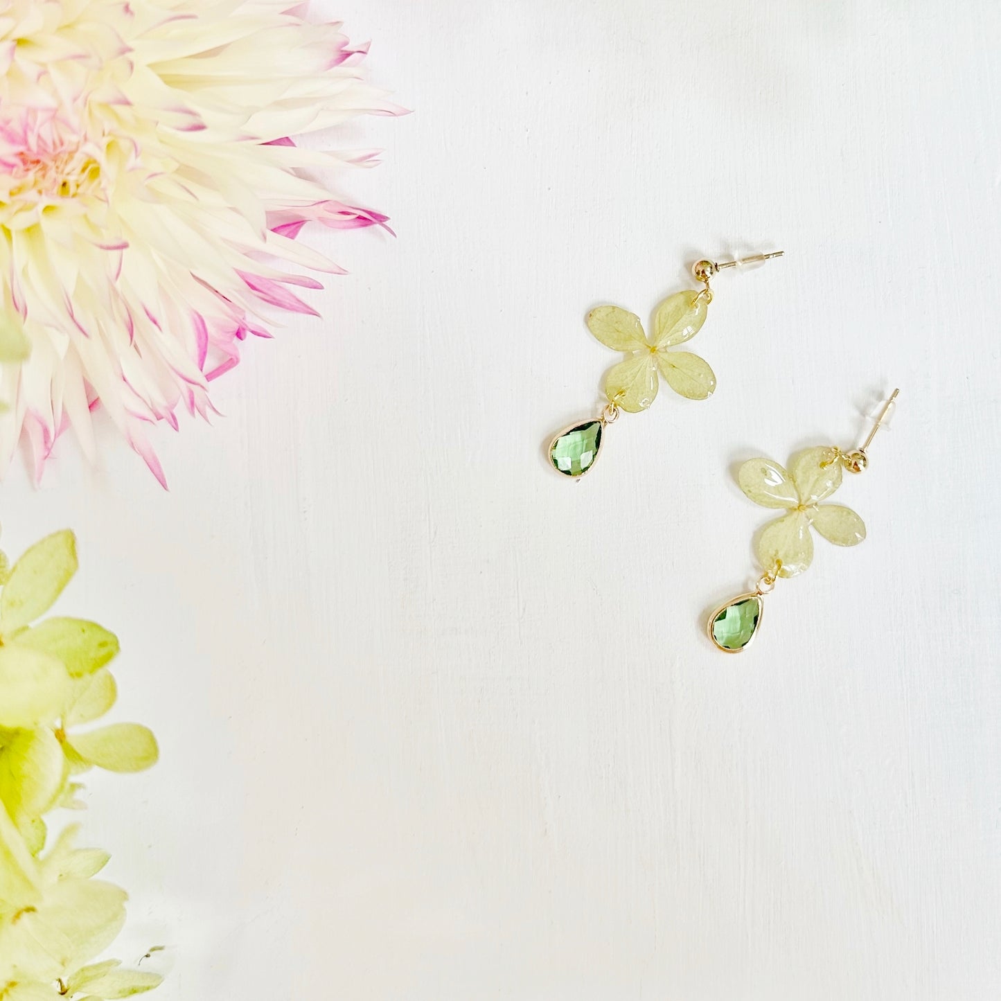 Green Hydrangea Earrings with Peridot Drop