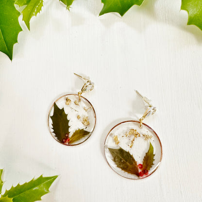 Christmas Earrings with Real Holly Leaves