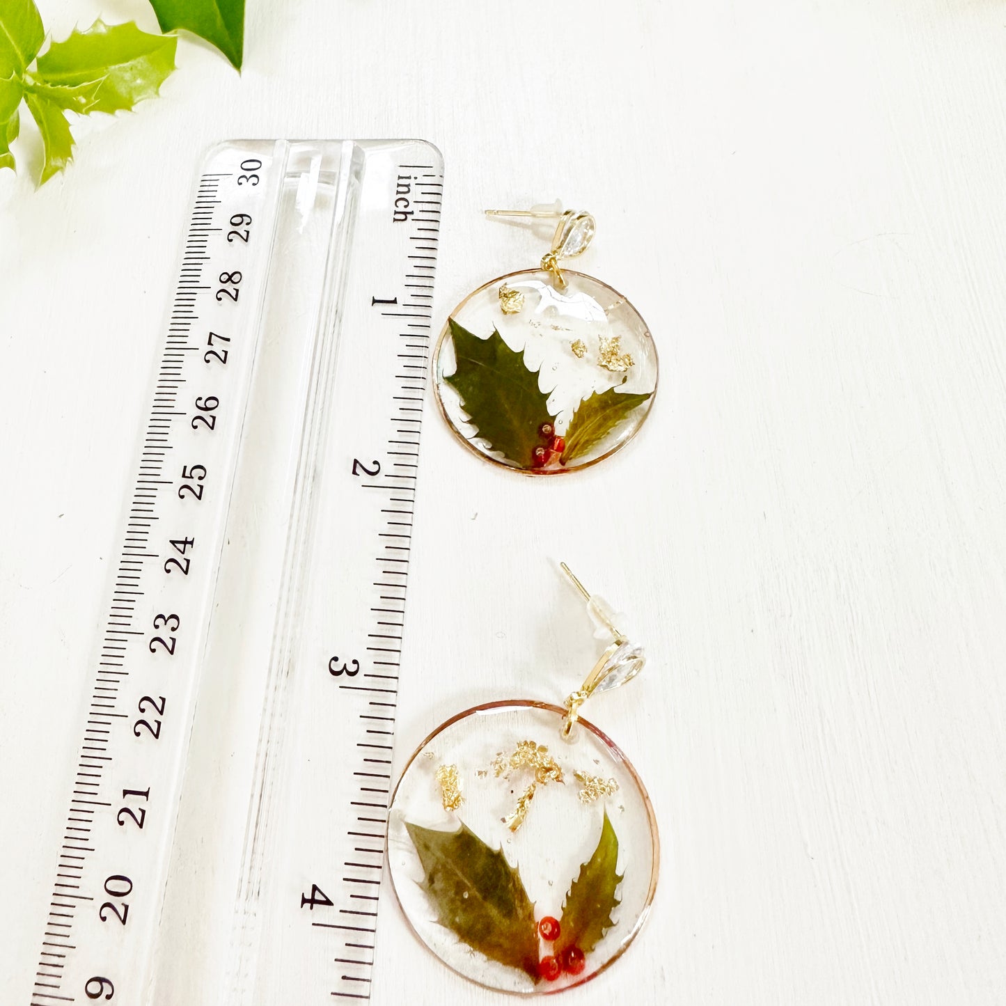 Christmas Earrings with Real Holly Leaves