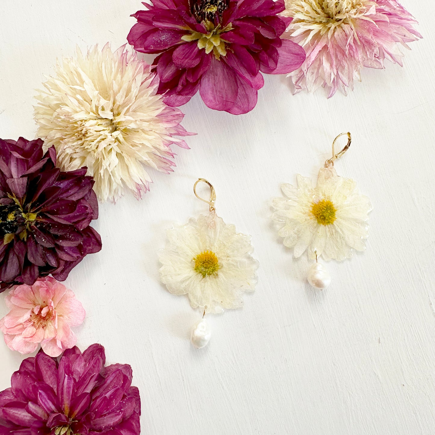 White Daisy Earrings with Pearl Drop