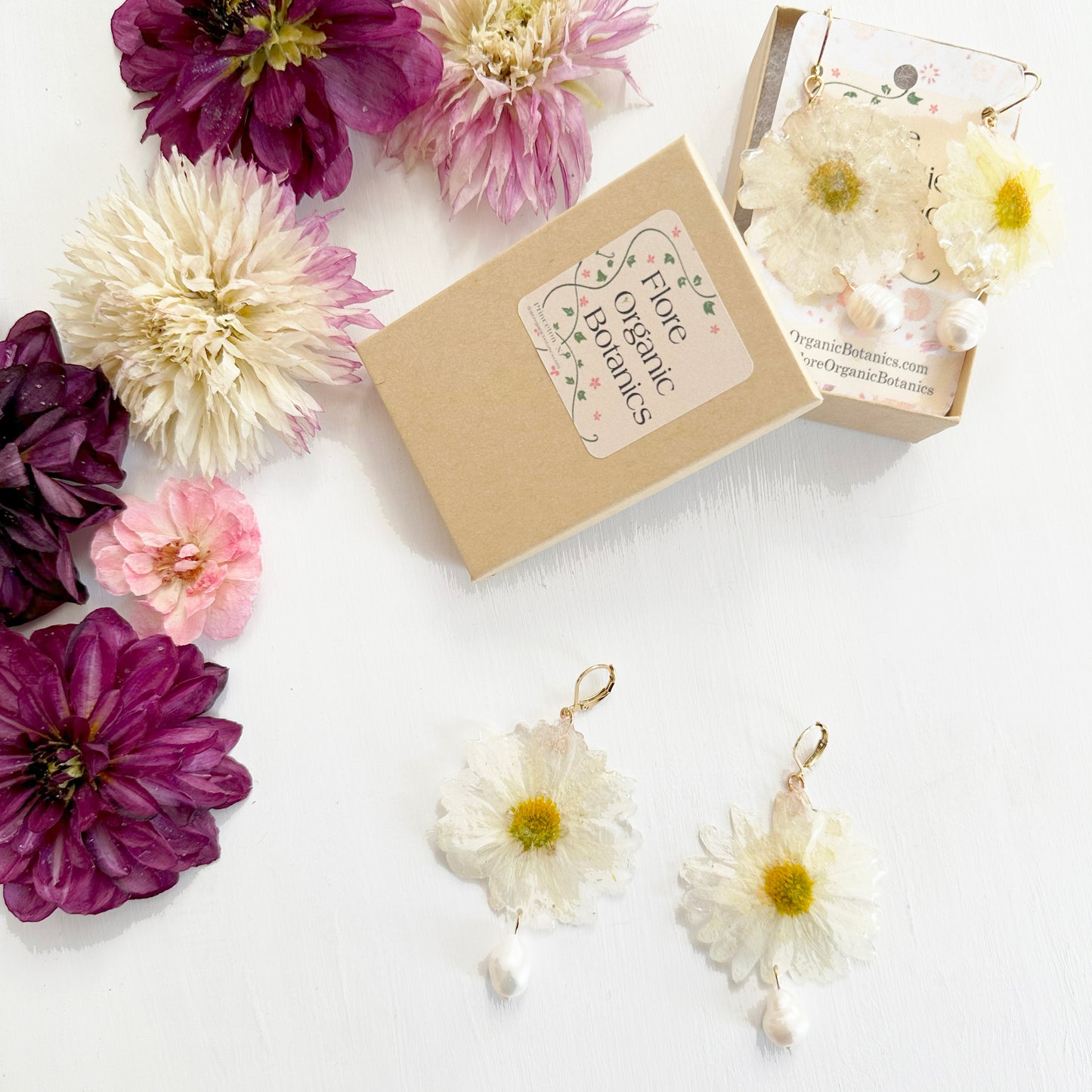 White Daisy Earrings with Pearl Drop