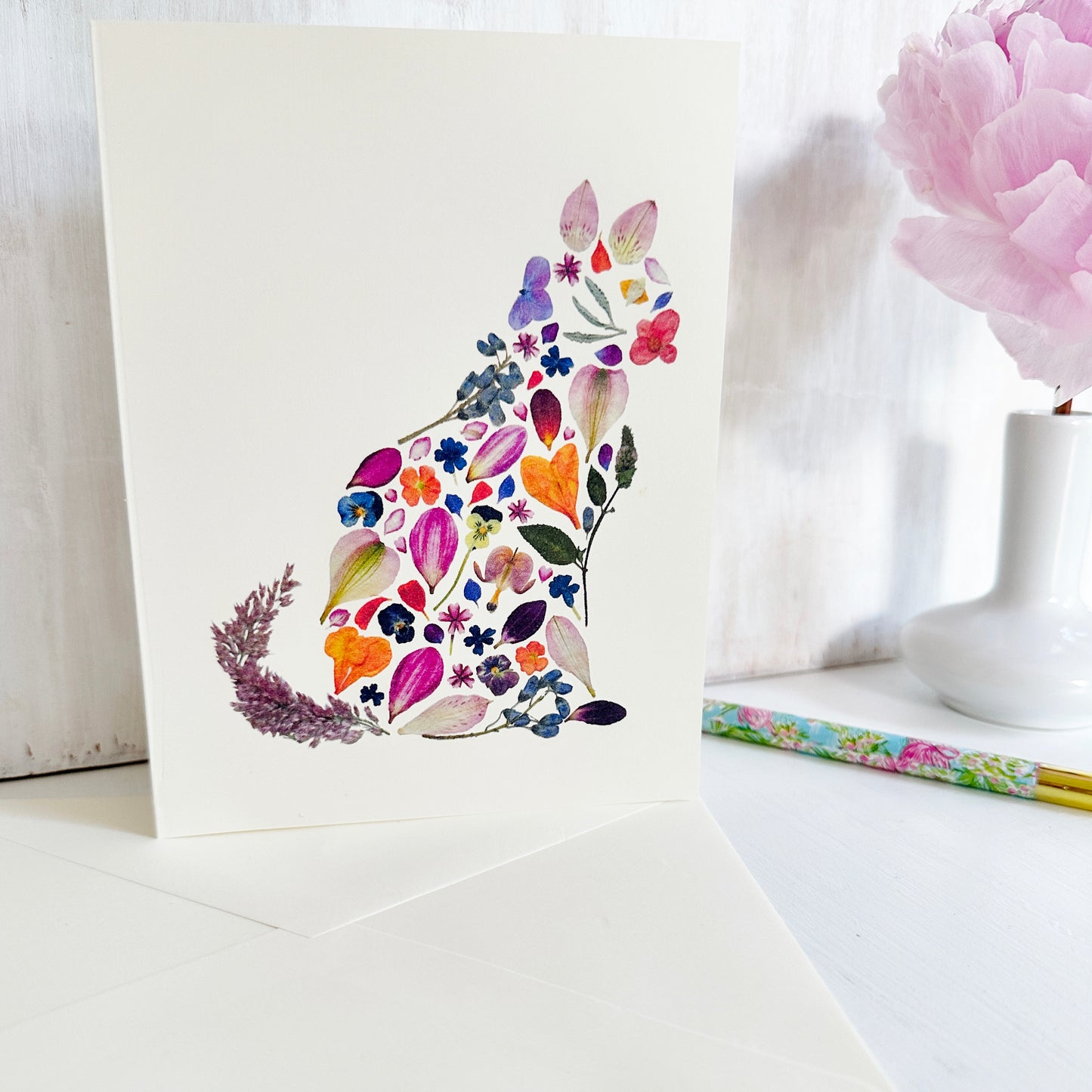 Botanical Cat - Printed pressed flowers blank greeting card