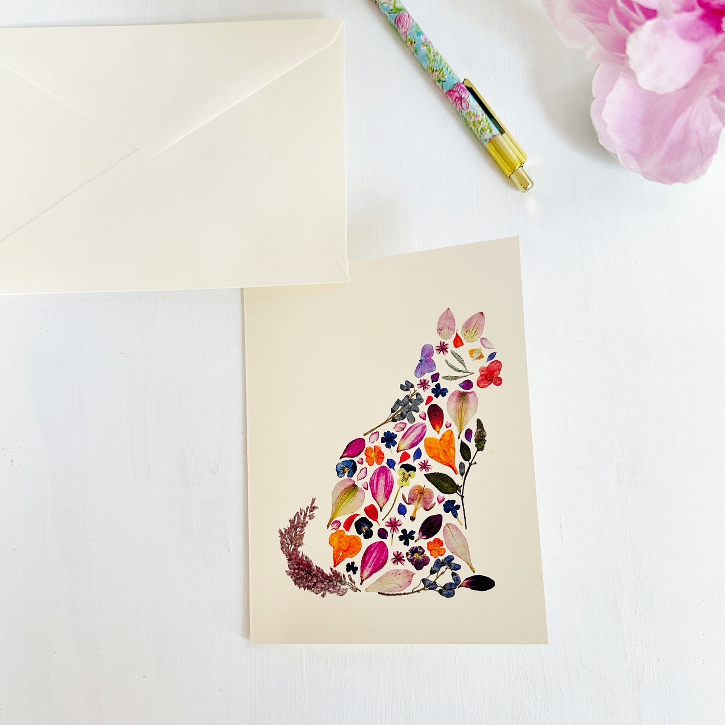 Botanical Cat - Printed pressed flowers and leaves in the shape of a cat blank greeting card