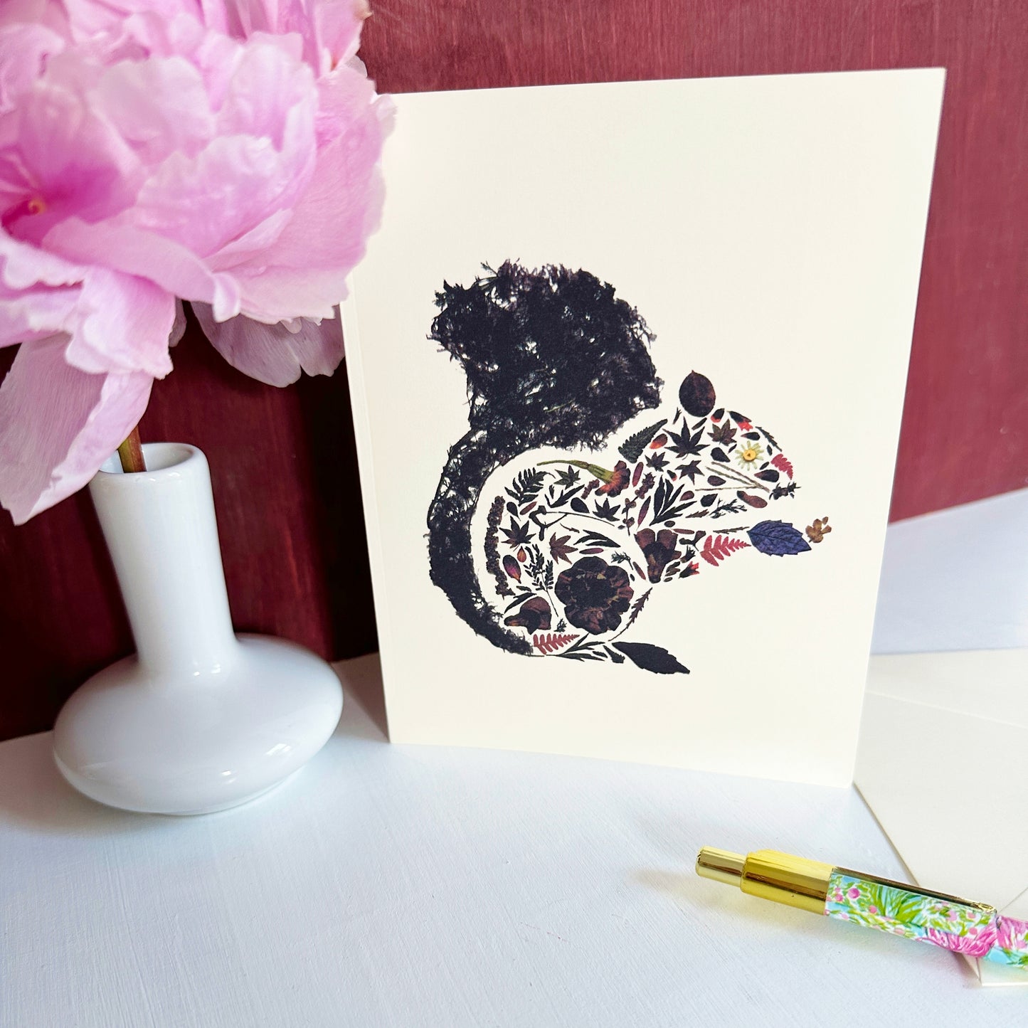 Black Squirrel - Printed pressed flowers and leaves blank greeting card