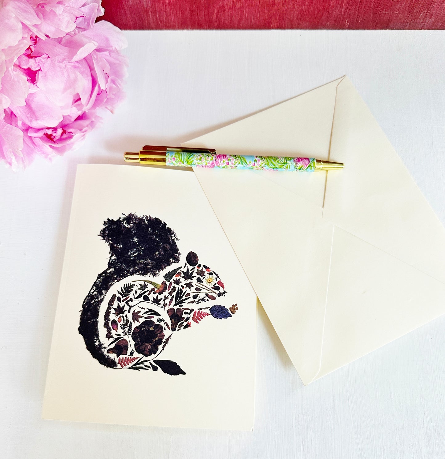 Black Squirrel - Printed pressed flowers and leaves blank greeting card