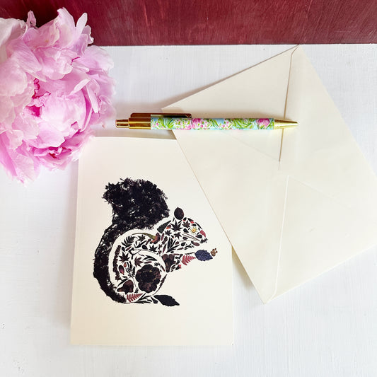 Black Squirrel - Printed pressed flowers and leaves blank greeting card