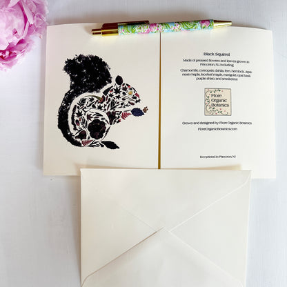 Black Squirrel - Printed pressed flowers and leaves blank greeting card