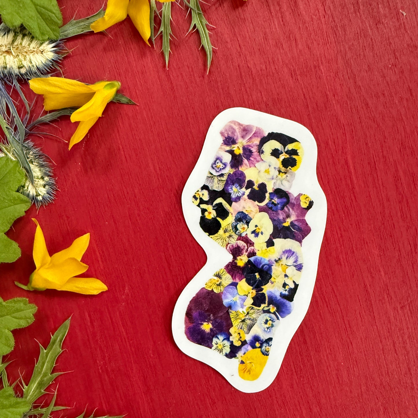 NJ Map in Pansies Sticker