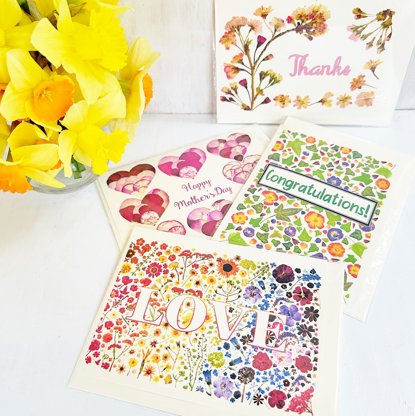 Congratulations card - Printed real pressed flowers and ivy leaves