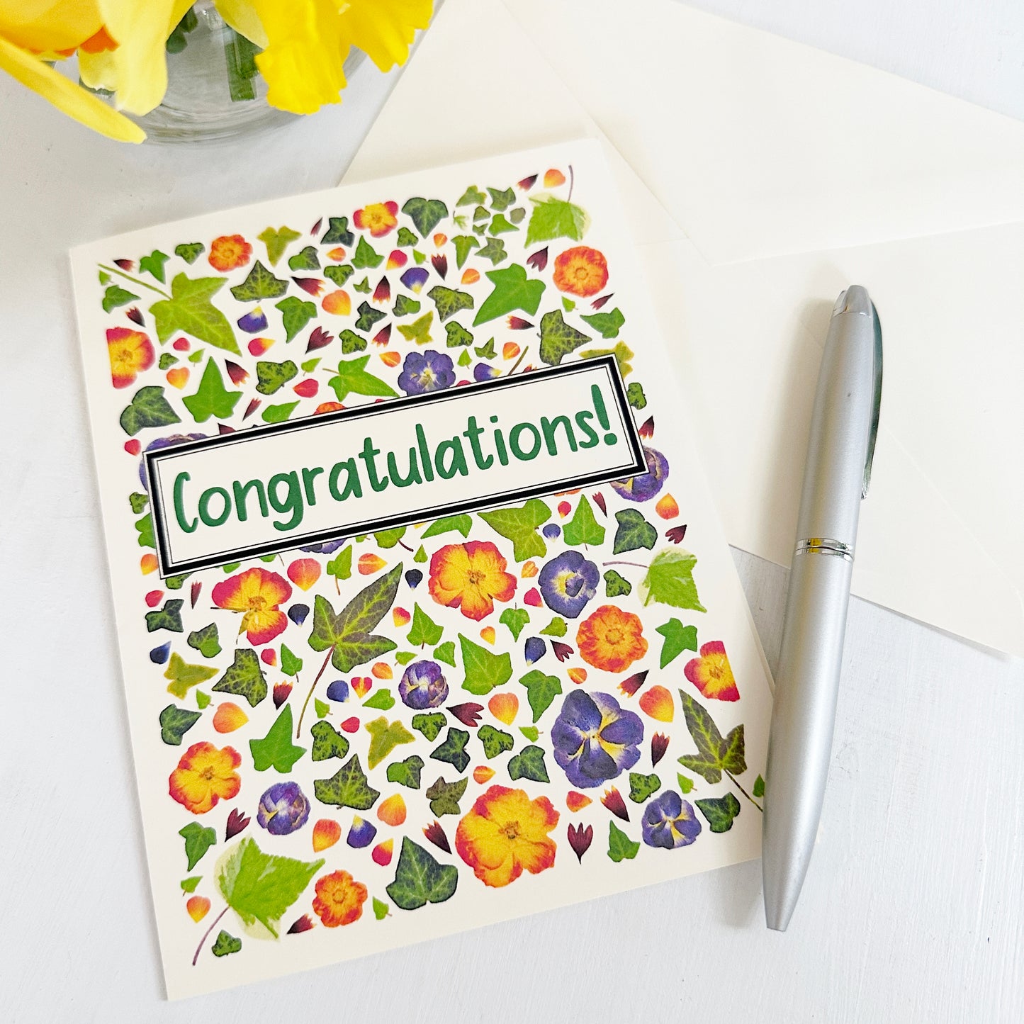 Congratulations card - Printed real pressed flowers and ivy leaves