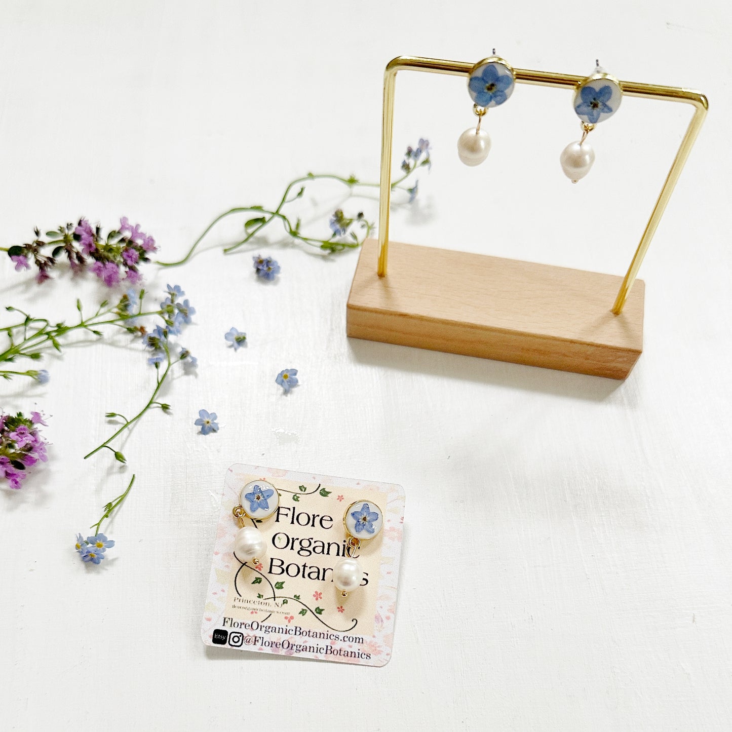 Something Blue Forget-Me-Not Earrings with Pearl Drop