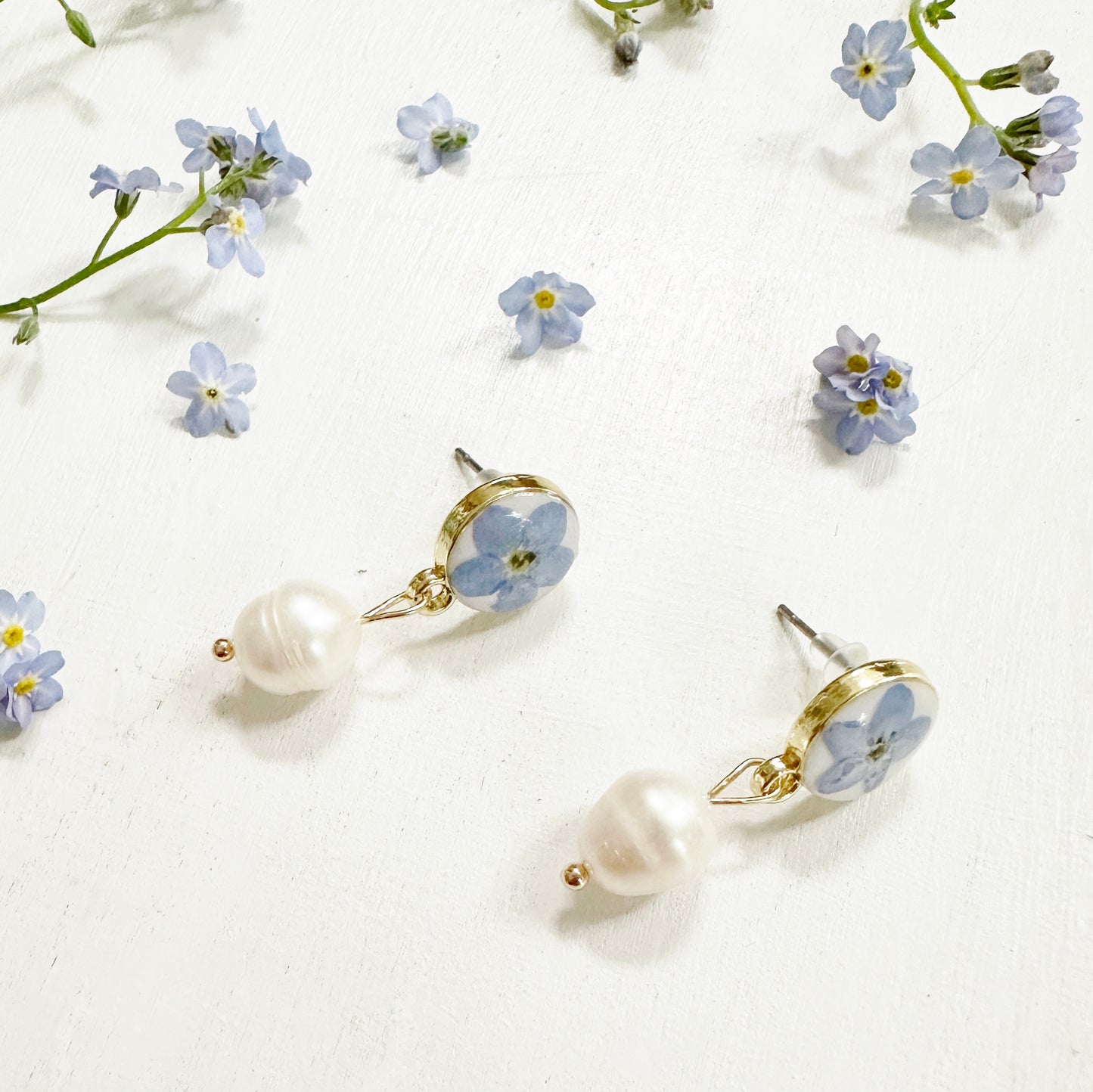 Something Blue Forget-Me-Not Earrings with Pearl Drop