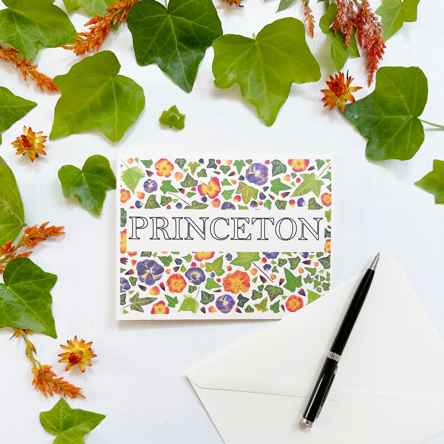 Princeton Collegiate card - Printed real pressed flowers and ivy leaves blank card