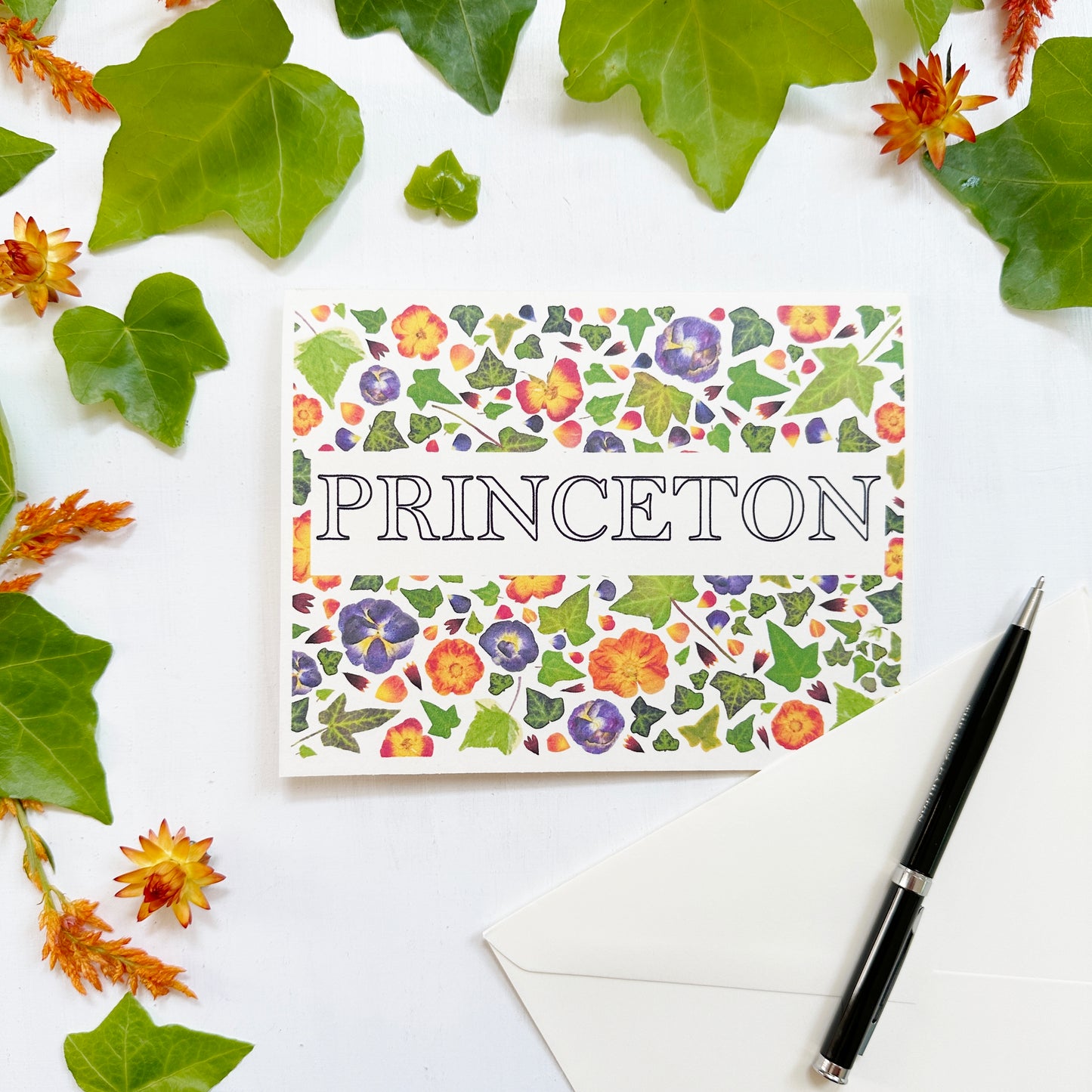 Princeton Collegiate card - Printed real pressed flowers and ivy leaves blank card