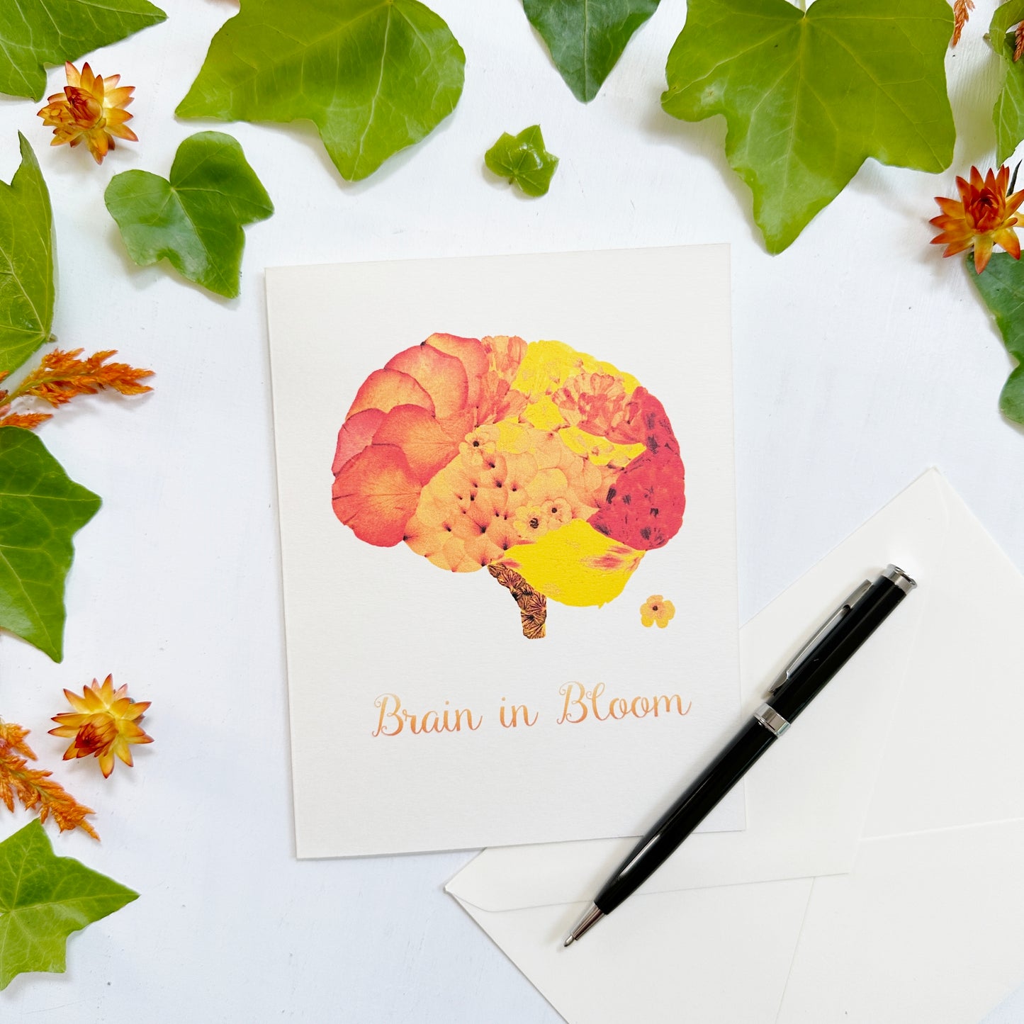 Brain in Bloom card - Printed real pressed flowers blank card