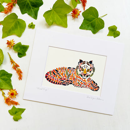 Floral Tiger - signed matted print of a tiger made of pressed flowers and leaves