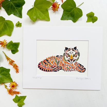 Floral Tiger - signed matted print of a tiger made of pressed flowers and leaves