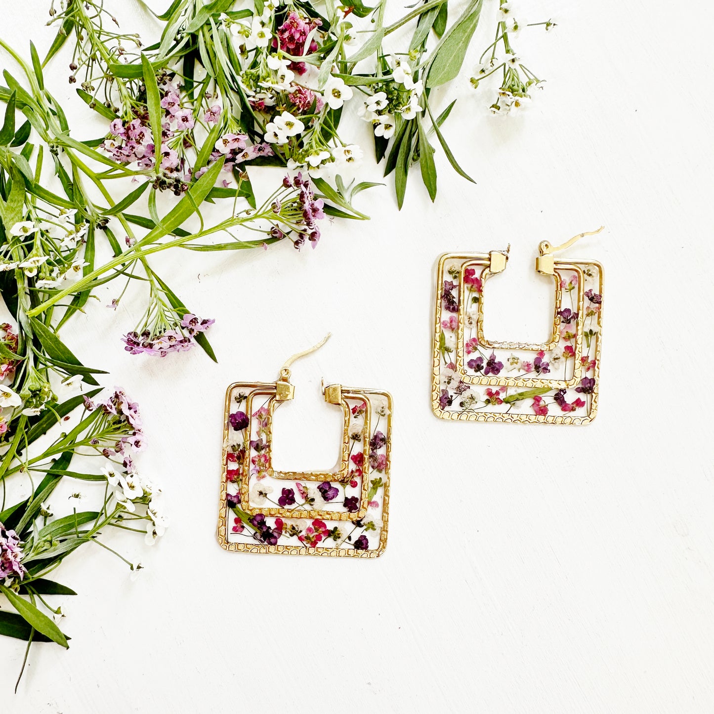 Tiny Flowers Square Hoops Earrings