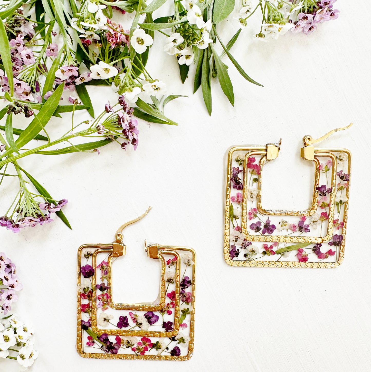 Tiny Flowers Square Hoops Earrings