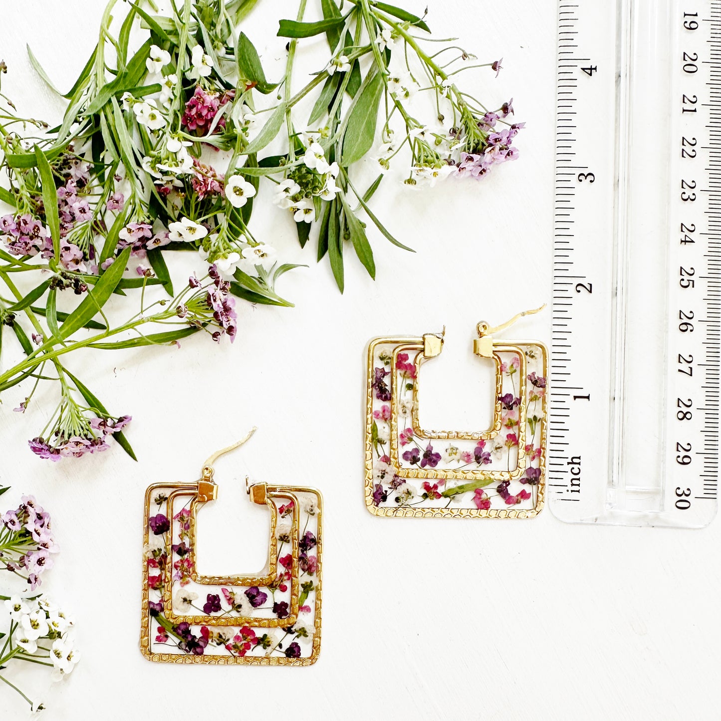 Tiny Flowers Square Hoops Earrings