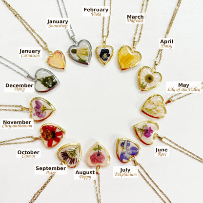 Birth Flower Heart Locket